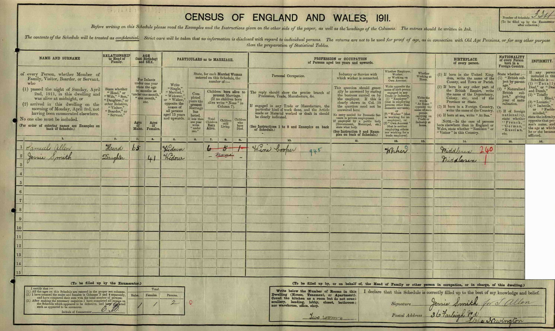 1911 Census Jessie Smith widowed Stoke Newington